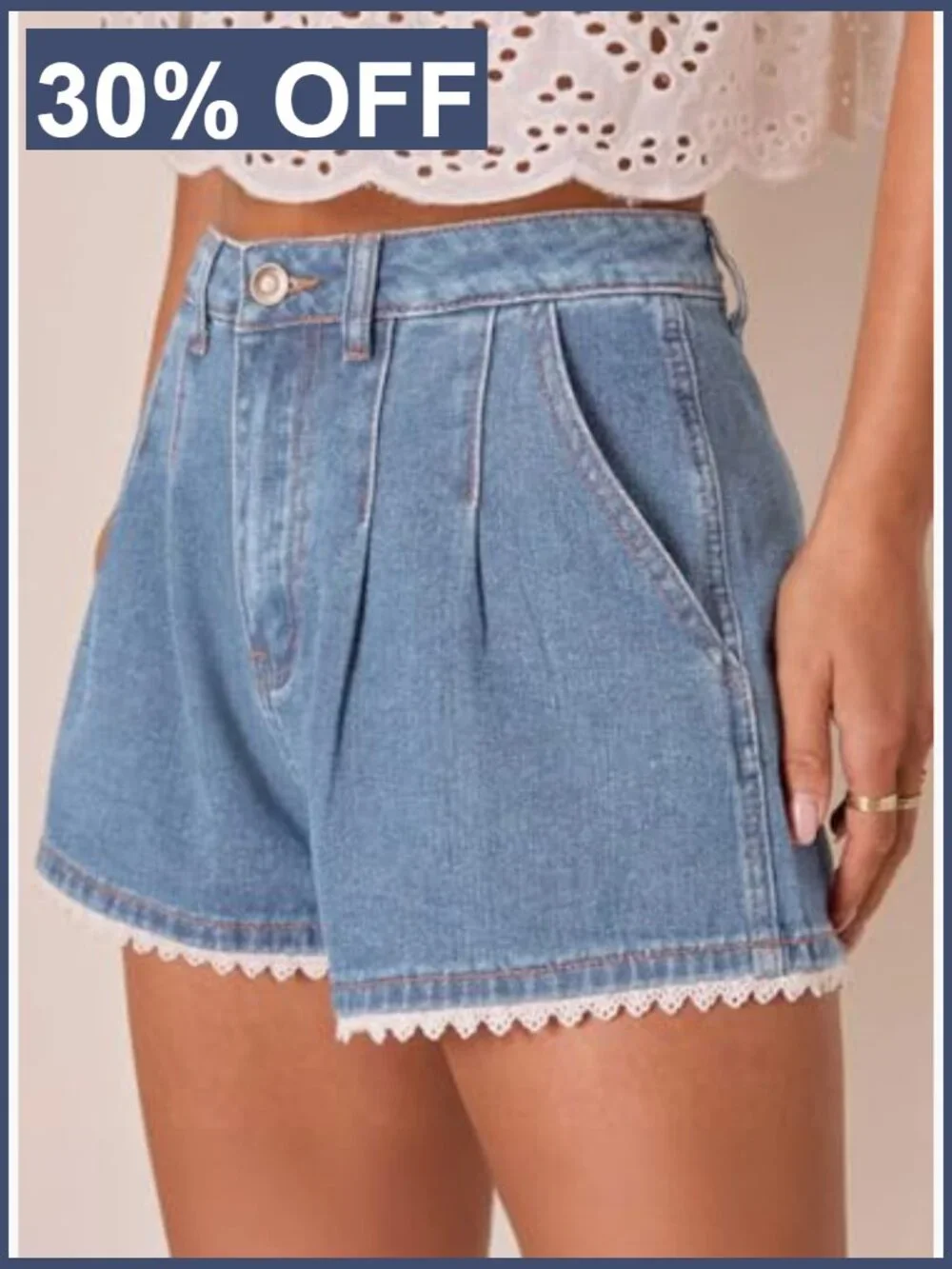 Scalloped Lace Trim High Waist Denim Shorts Pleated Wide Leg Summer